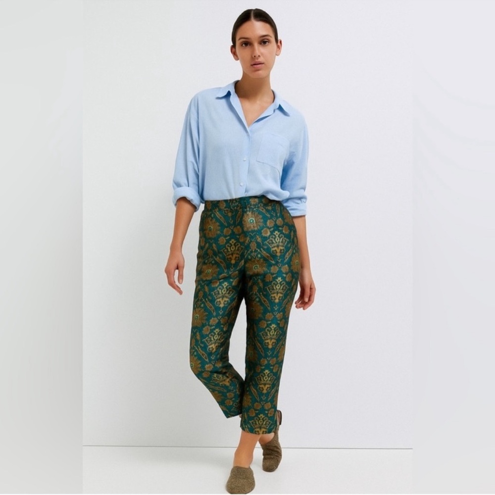 MAEVE Anthropologie‎ Metallic Jacquard Trouser Pant Small Teal Green Gold Ankle